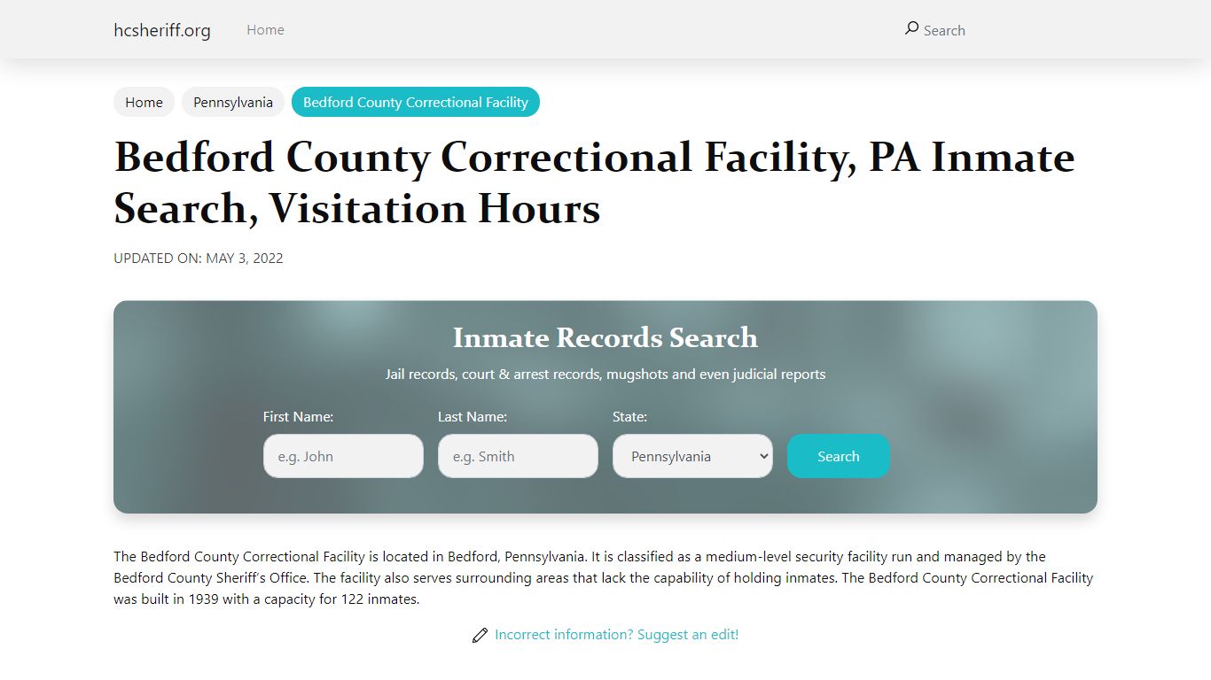 Bedford County Correctional Facility, PA Inmate Search ...